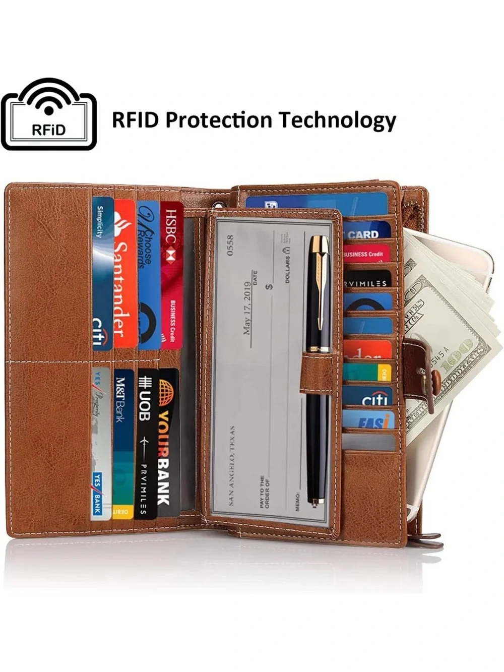 FUNTOR Women's Big Fat RFID Blocking Brown Leather Zip Around Wallet